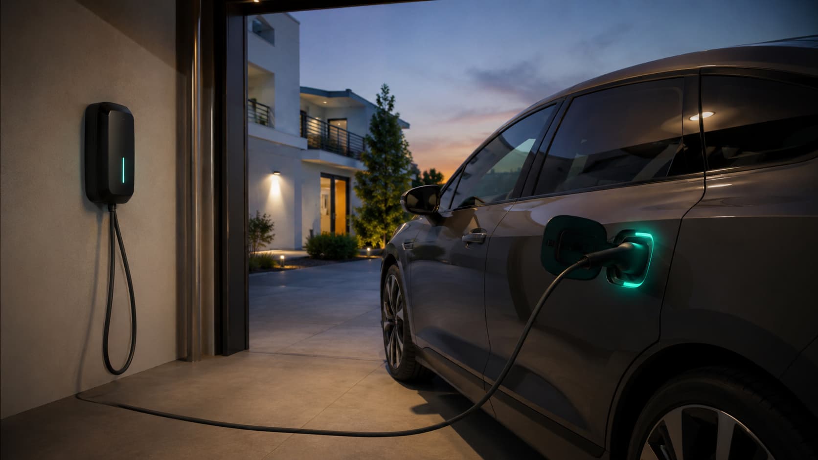 Electric car charging overnight at home with a wallbox mounted on the garage wall