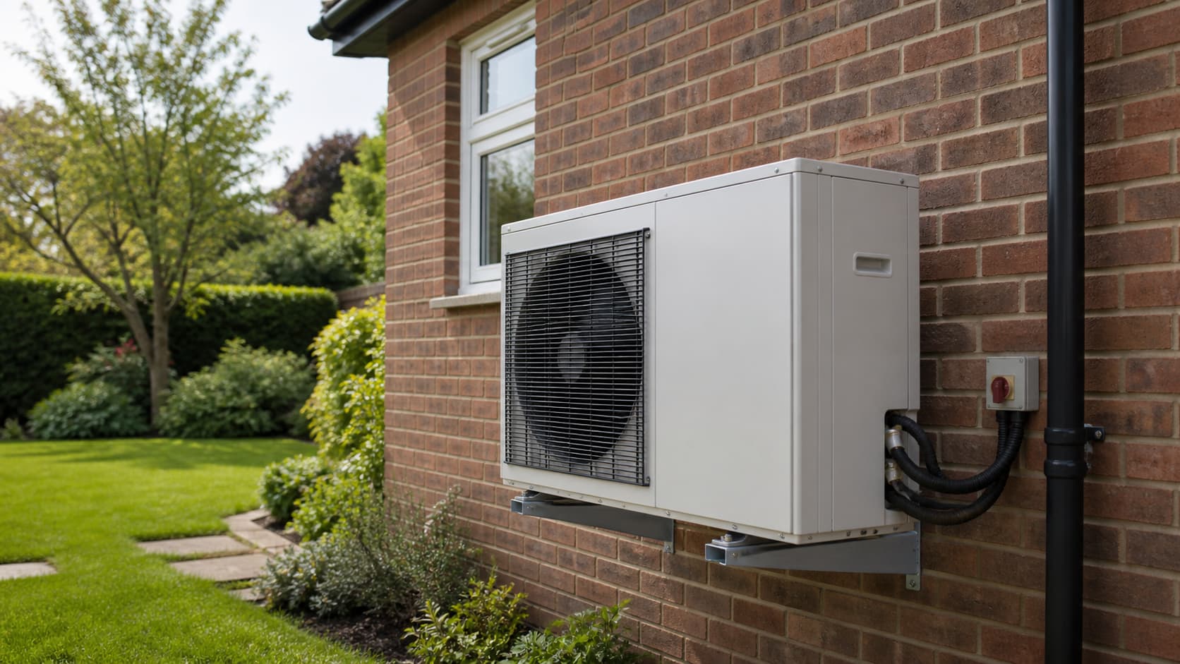 Air source heat pump installed on exterior brick wall of a suburban home