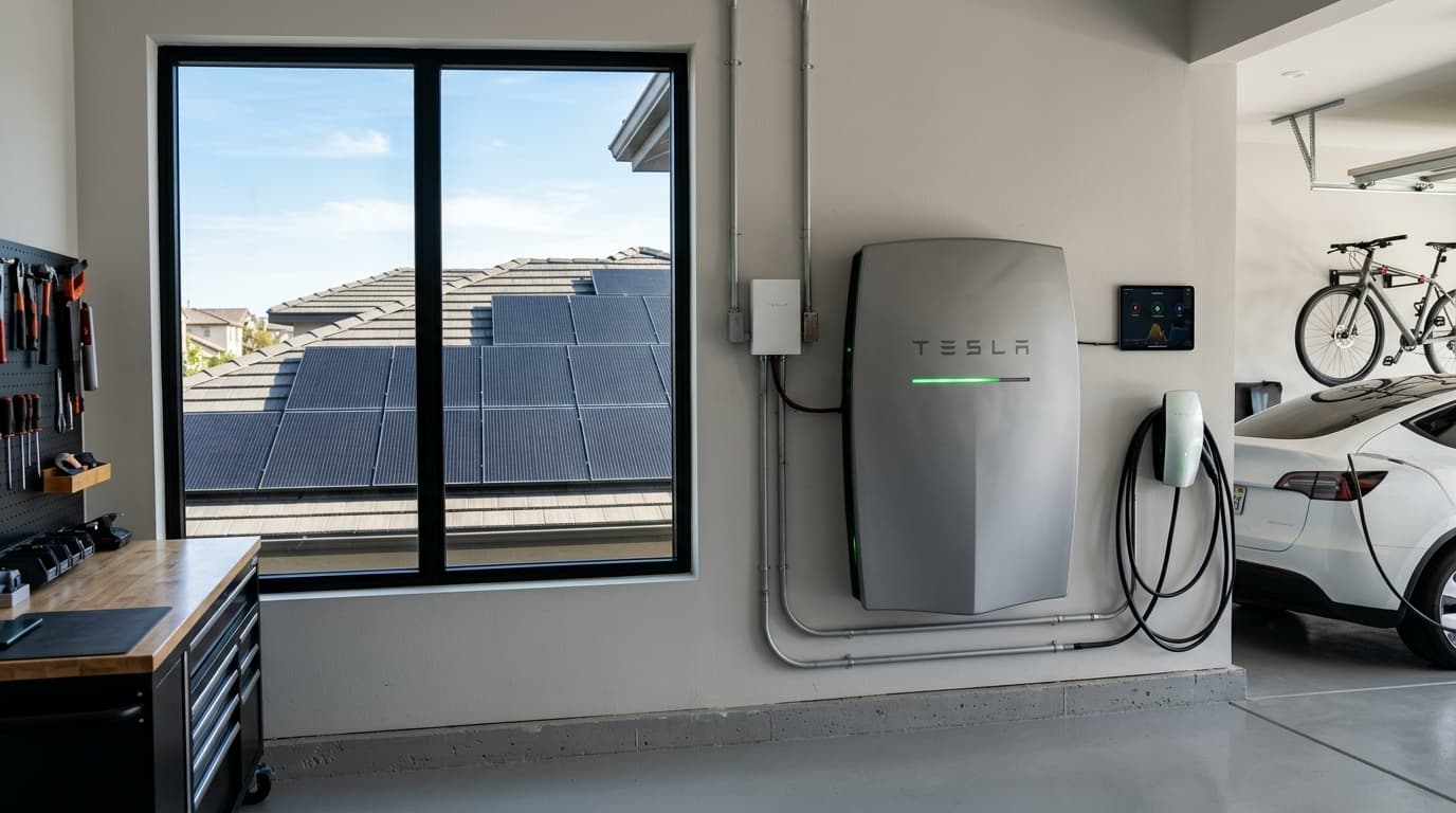 Tesla Powerwall home battery mounted on a garage wall with solar panels visible through the window
