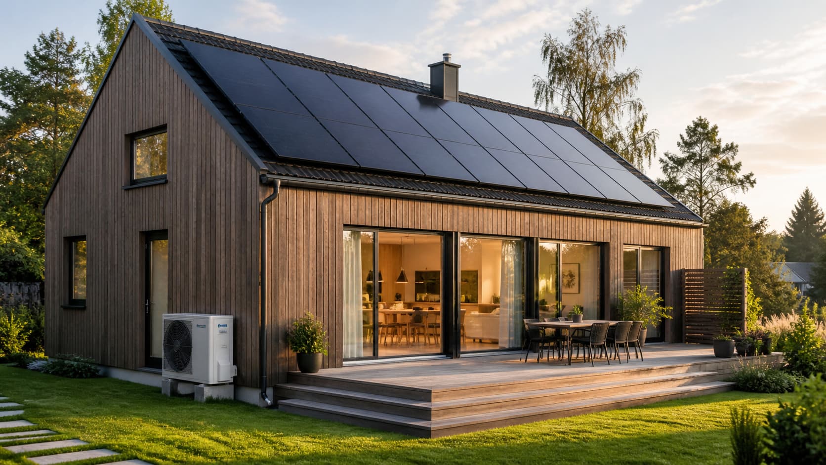 Modern home with solar panels on the roof and heat pump on the exterior wall