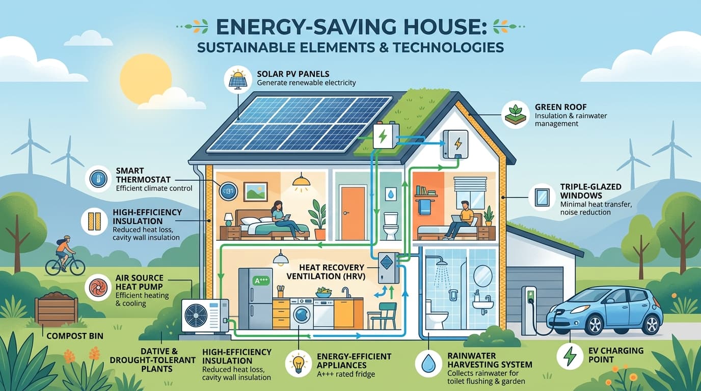 Cross-section diagram of an energy-efficient home showing solar panels, insulation, heat pump, smart thermostat, triple glazing and heat recovery ventilation