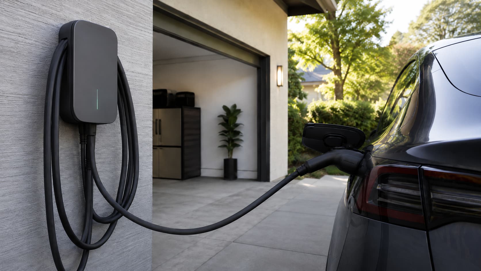 Electric car charging from a home wall charger in a residential driveway