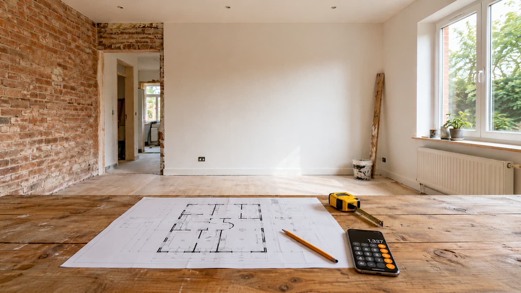 Renovation floor plan, tape measure and calculator laid out on a wooden worktable in a partially renovated room