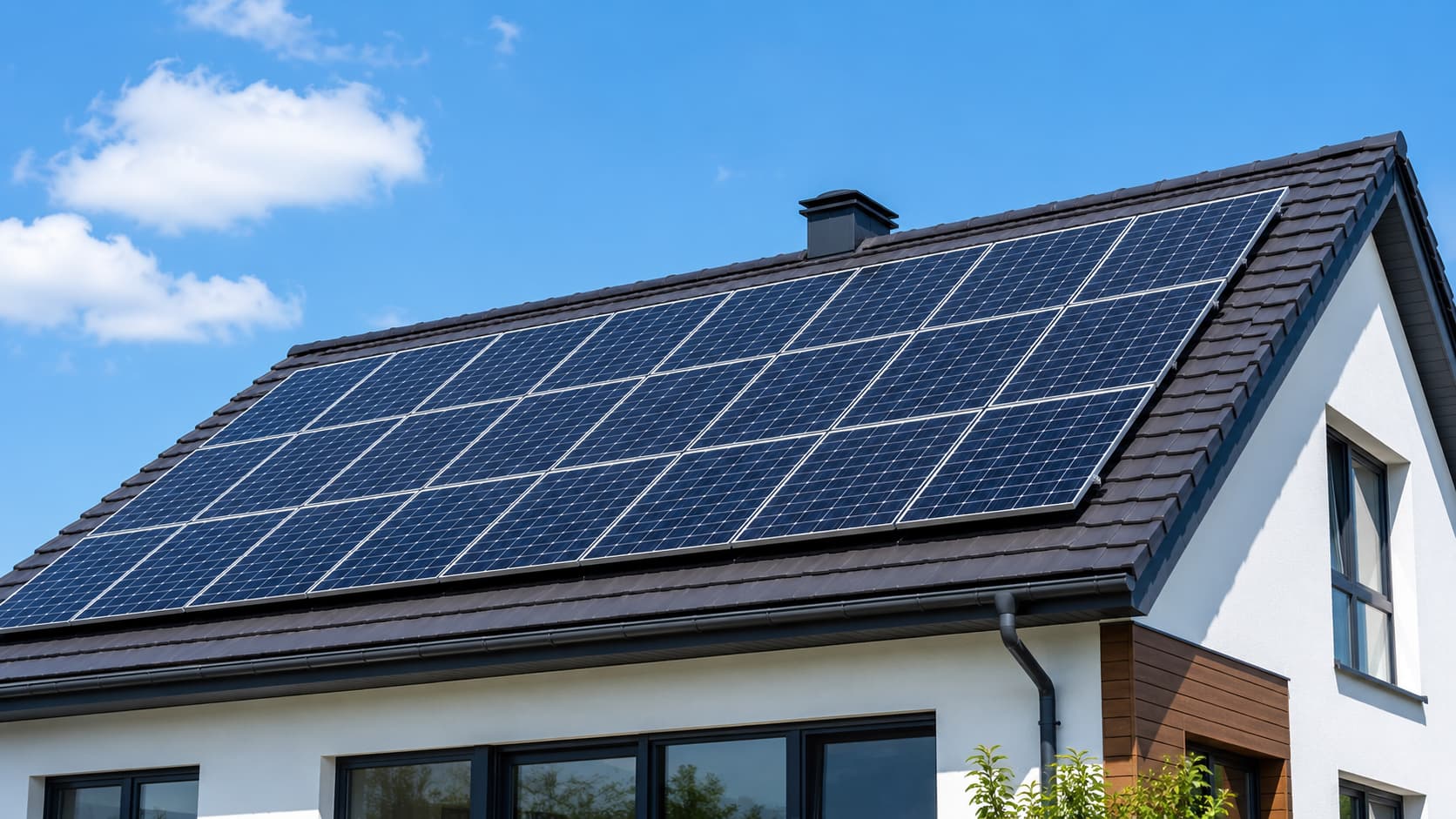 House rooftop with solar panels under a clear blue sky
