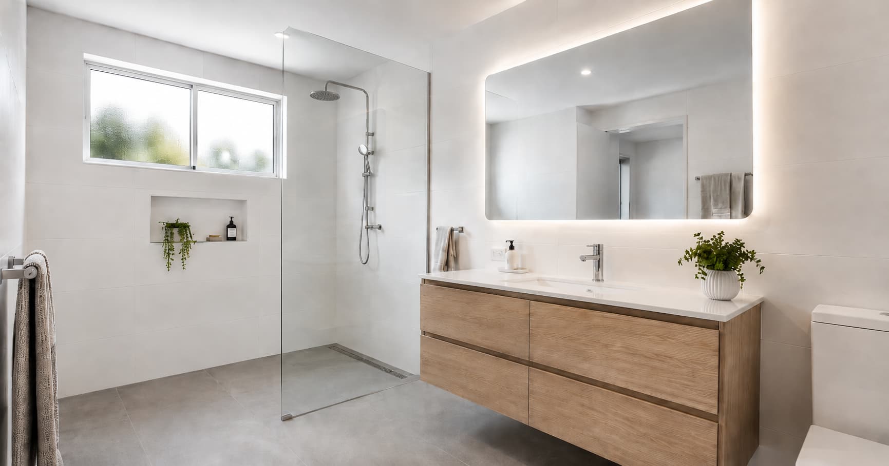 Modern white bathroom with walk-in shower, floating vanity and large format tiles