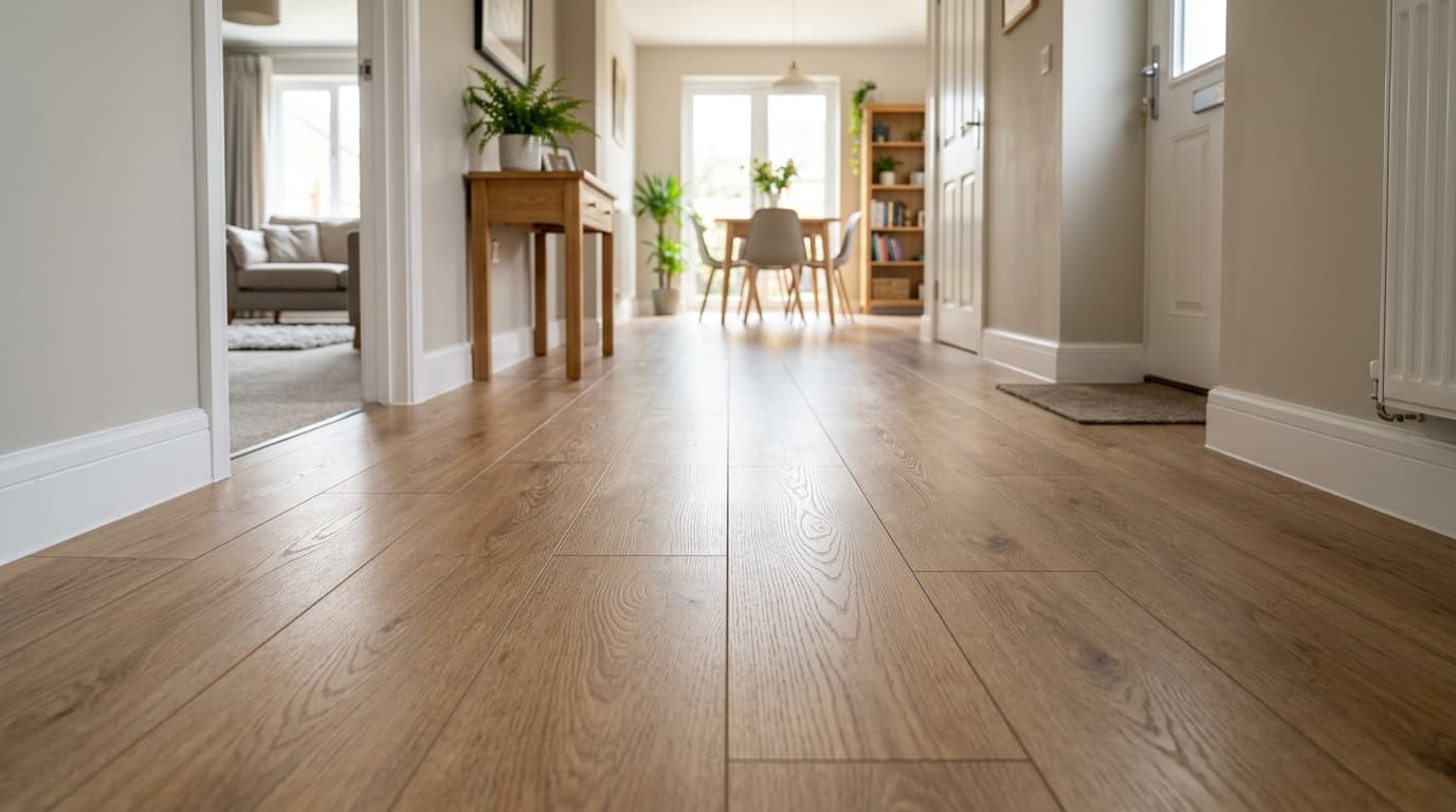 Finished oak laminate flooring in a bright hallway viewed from floor level