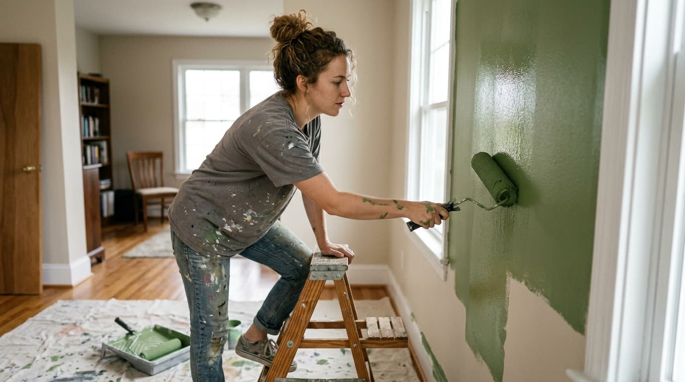 Woman on a ladder painting a wall green with a roller in a bright living room