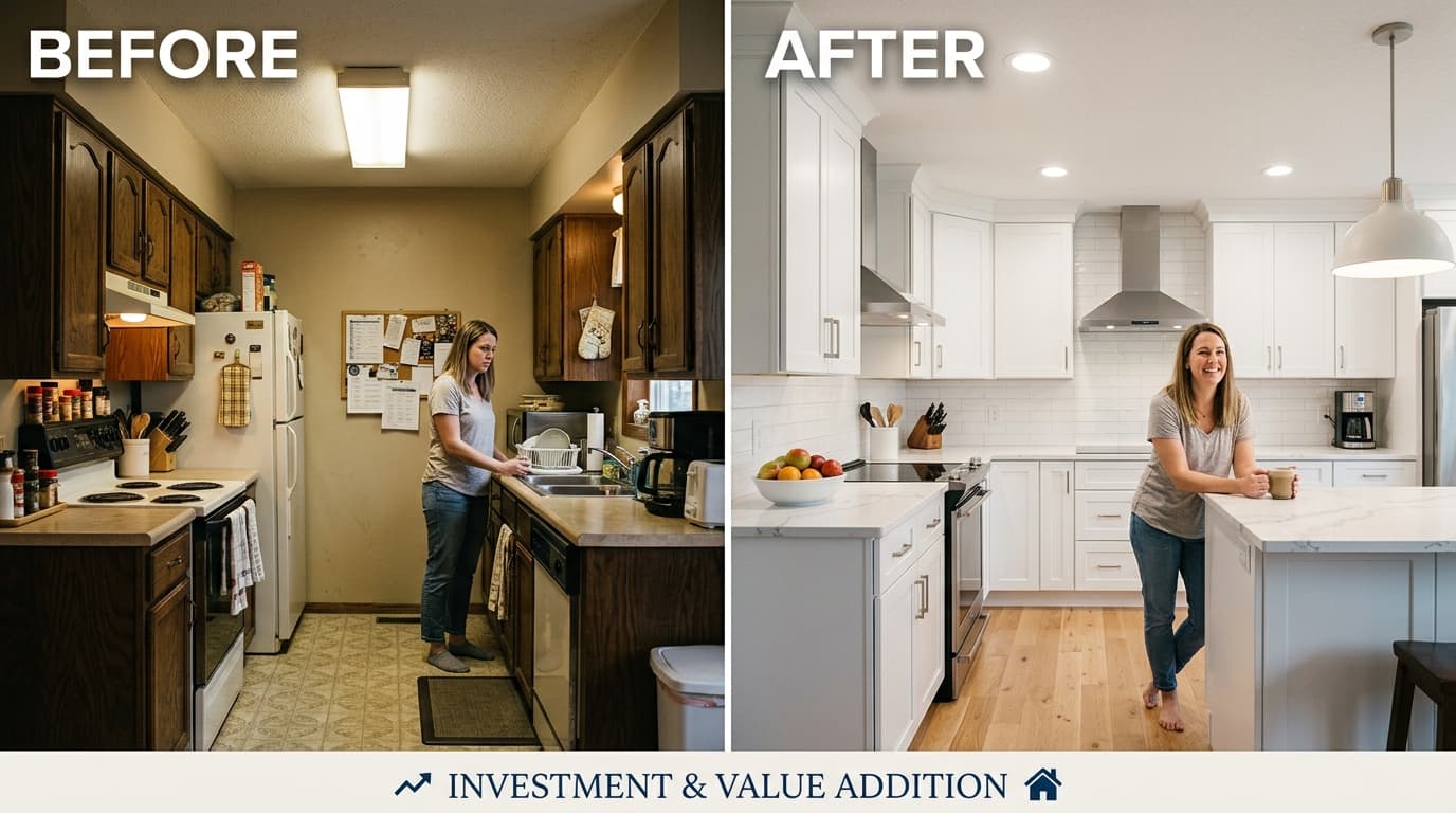 Before and after kitchen renovation showing investment and value addition