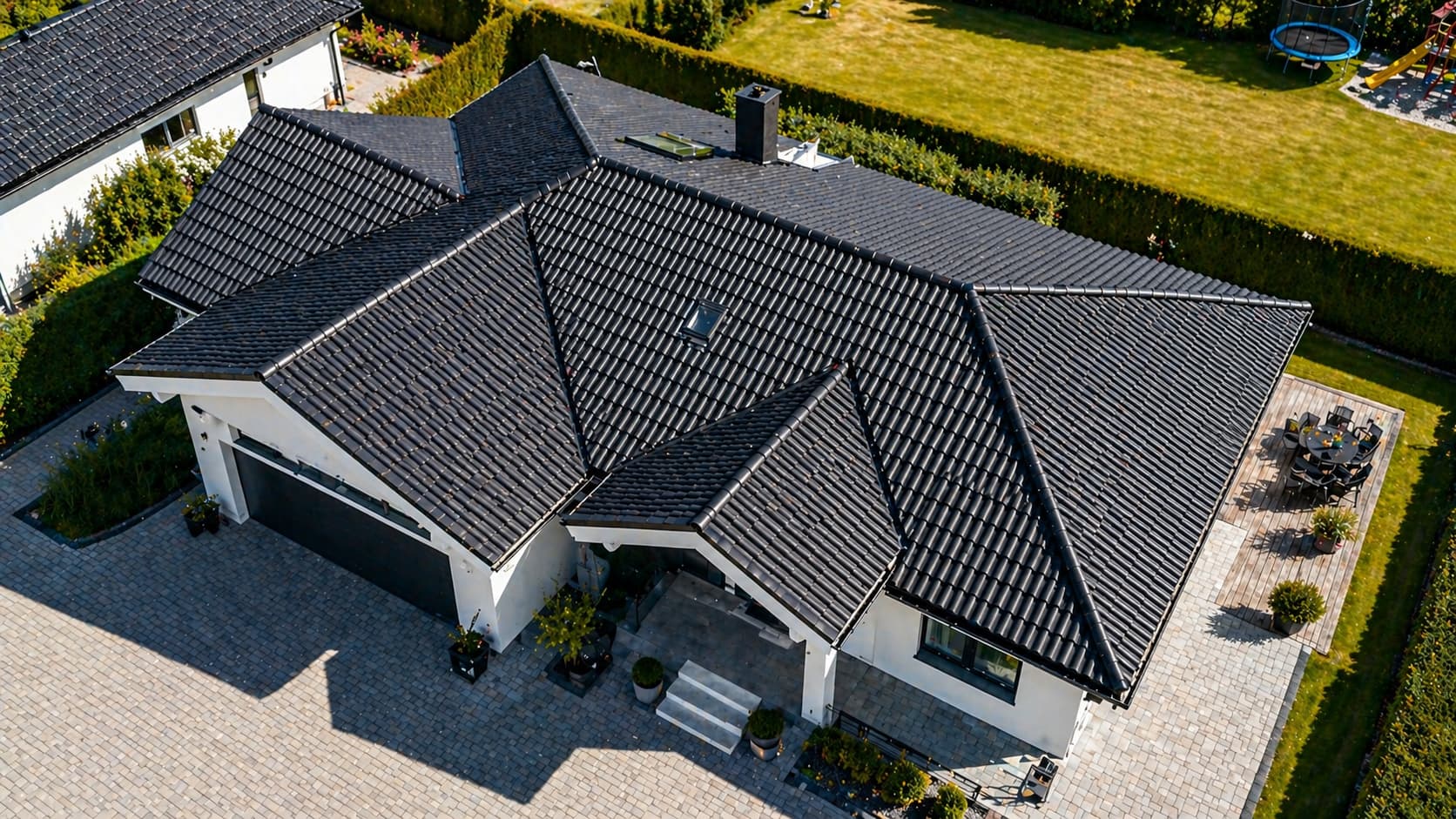 Aerial drone view of a house roof showing multiple roof planes and pitches