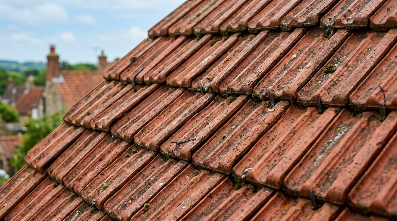 Close-up of red clay roof tiles on a pitched roof with village rooftops in background