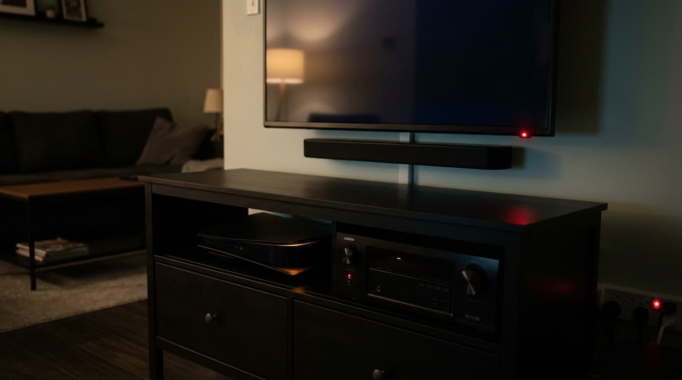 TV setup with AV receiver and gaming console, standby LEDs glowing red in a dark room