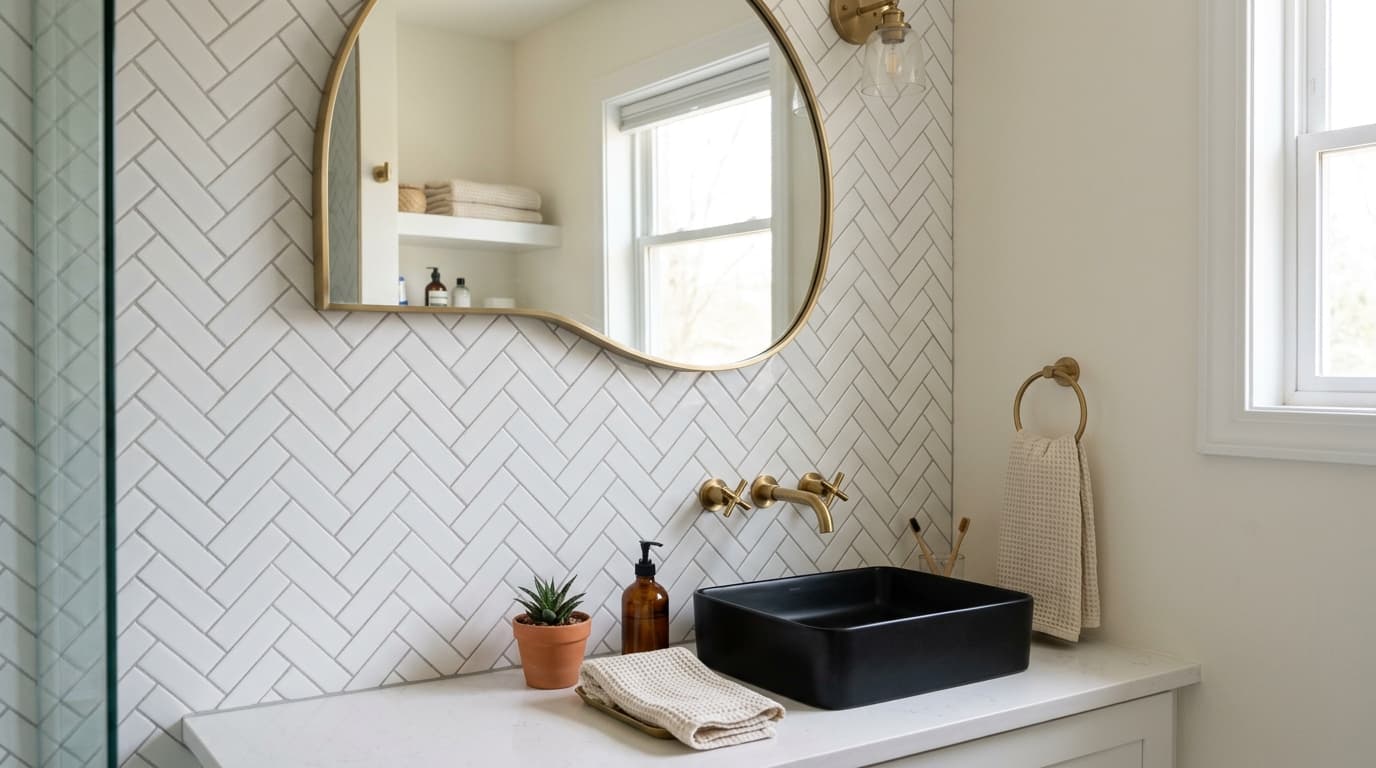 White herringbone wall tiles in a modern bathroom with brass fixtures and round mirror