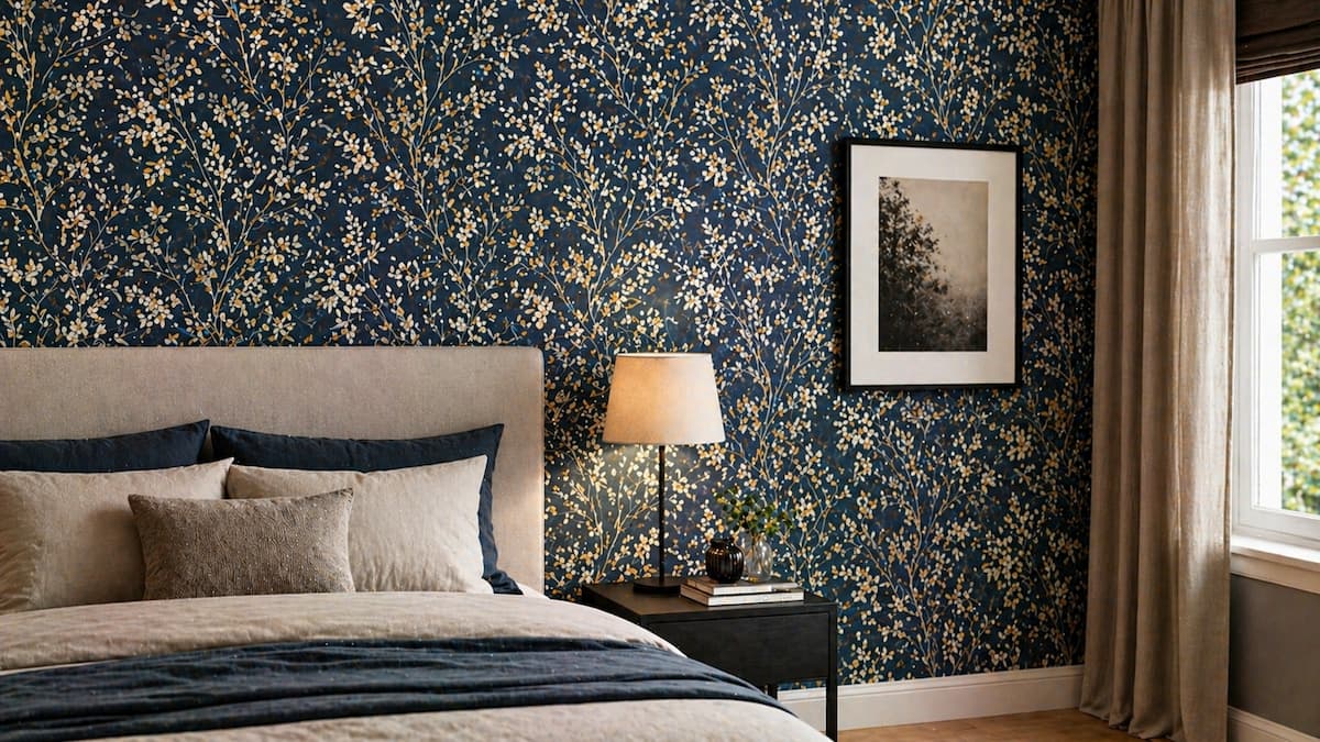 Navy blue floral pattern wallpaper in a styled bedroom with gold accents
