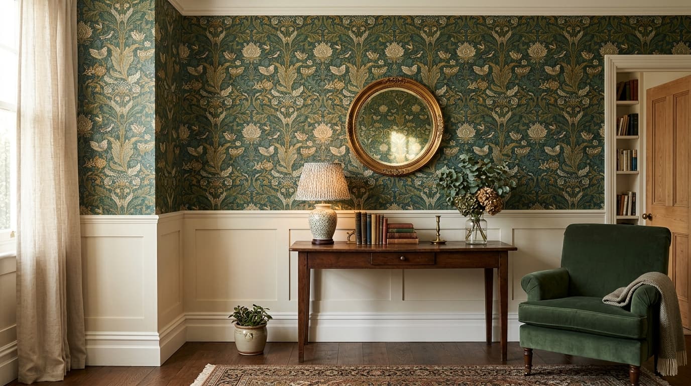 Classic botanical pattern wallpaper in an elegant living room with round gold mirror