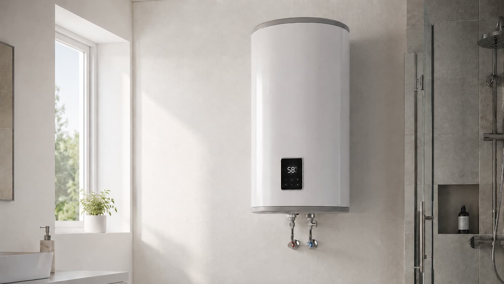 Modern electric water heater mounted on a white bathroom wall with a digital temperature display
