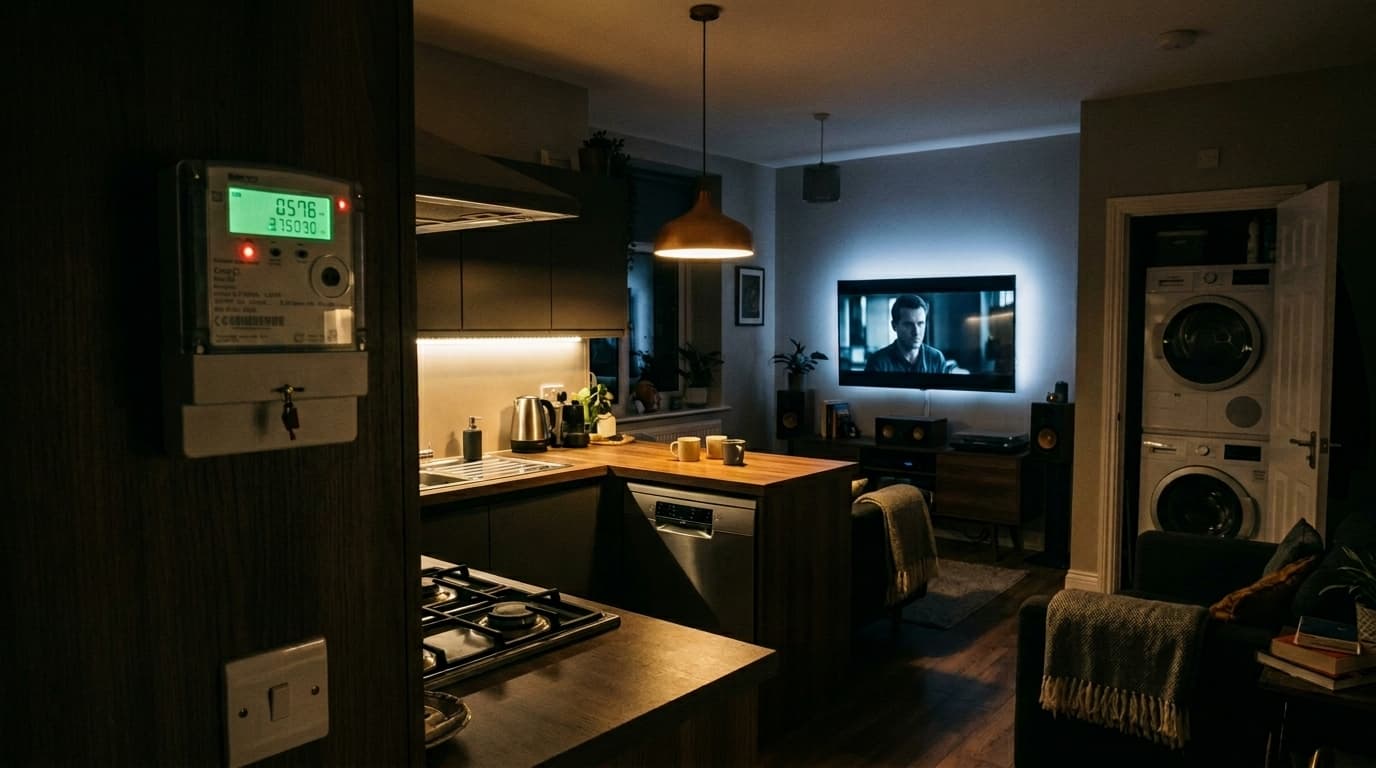 Modern kitchen interior with appliances including fridge, oven and dishwasher
